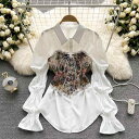 ブラウス シャツワンピース レディース 春夏 レトロ 花柄 リボンタイ ベスト風 切り替え シェニール ミモレ丈 Aライン ボリューム ポロ襟 長袖 上品 オフィス 普段使い 白 黒(4)