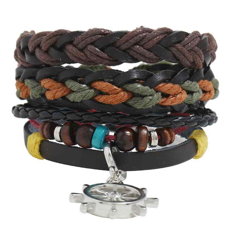 ブレスレット メンズ 牛革 レザー 本革 手編み ハンドメイド レトロ アンティーク 編み込み 多層 ビーズ 重ね付け風 セット ファッション小物 普段使い カ...