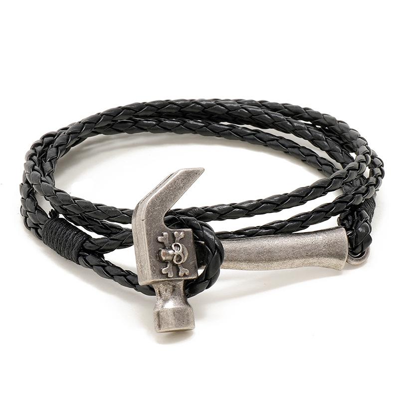 ブレスレット メンズ 男性用 シンプル 編み込み 多層 フェイクレザー レトロ ハンマーモチーフ 2重巻き 欧米風 腕輪 アクセサリー カジュアル ブラック ブ...