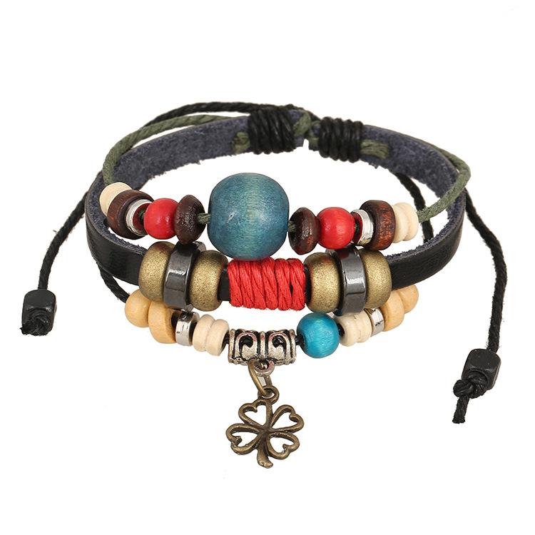 ブレスレット レディース 牛革 ビーズ 四つ葉のクローバー ラッキーアイテム 本革 レザー アクセサリー 黒 ブラック 男女兼用 カジュアル ファッション