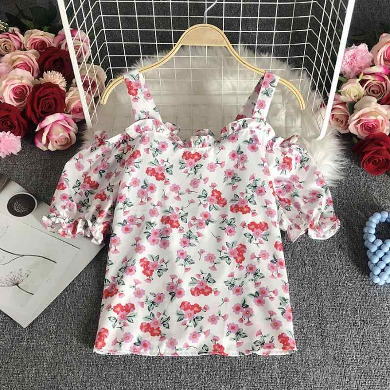 ブラウス レディース オフショルダー キャミソール風 花柄 ショート丈 フレンチデザイン 春夏 カジュアル デイリー ストレートシルエット オフィス カジュアル(4)
