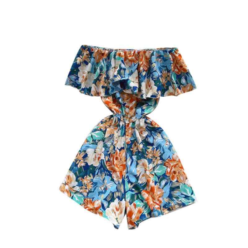 ショートオールインワン レディース 小花柄 オフショルダー フリル ウエストマーク ワイドシルエット 細見え 高級感 夏 リゾートスタイル