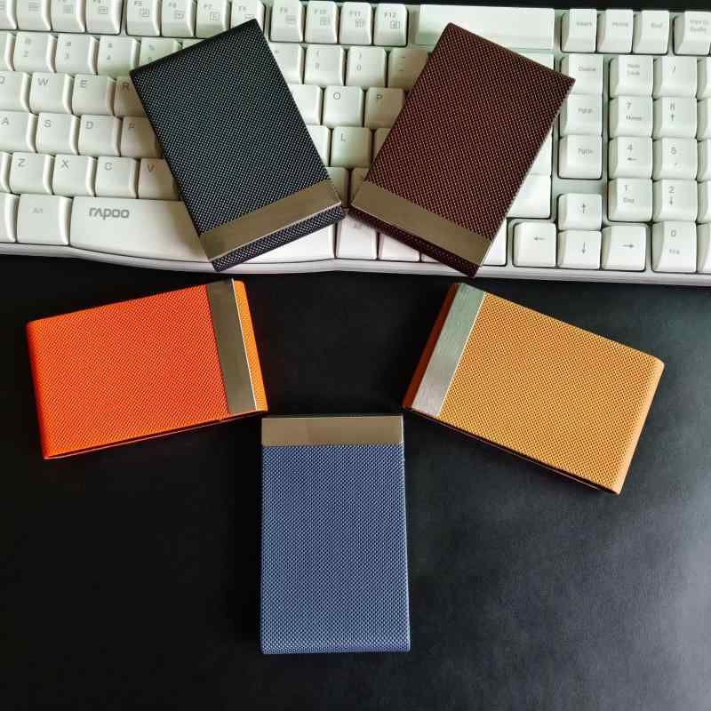 名刺入れ PUレザー ステンレス ビジネス メンズ レディース カードケース 薄型 スリム 大容量 21枚収納 シンプル ブラック ブラウン オレンジ イエロー ブルー