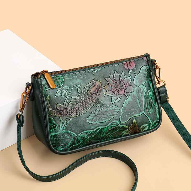 バッグ レディース 女性用 ママ ミセス シニア レトロ 民族風 中国風 エスニック 花柄 エンボス加工 ショルダーバッグ 斜め掛け スクエア 横型 普段使い デイリーユース カジュアル おしゃれ 上品(4)