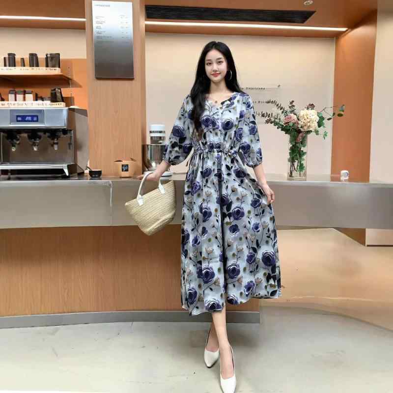 ワンピース レディース フレンチレトロ 小花柄 プリント 春夏 シフォン ウエストマーク ハイウエスト Aライン フレア ミモレ丈 ラウン..