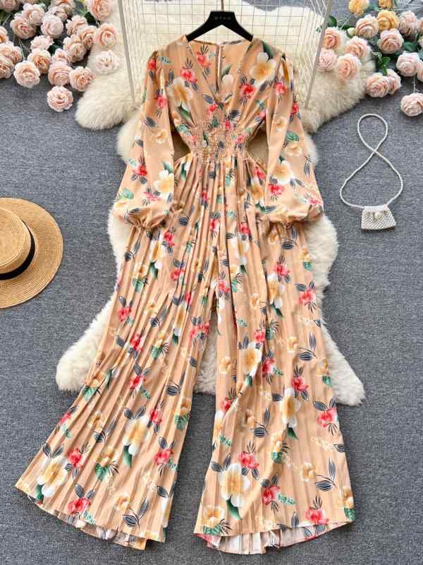 オールインワン レディース フレンチレトロ 小花柄 夏服 ランタンスリーブ プリーツ ウエストマーク ハイウエスト ワイドパンツ ロング丈 個性的デザイン エレガント きれいめ