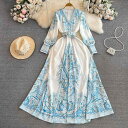 ワンピース レディース 長袖 Vネック Aライン ロング丈 レトロ 宮廷風 ウエストマーク プリント 上品 エレガント 着痩せ 通勤 オフィス ウエストベルト レース襟 ホワイト ネイビー