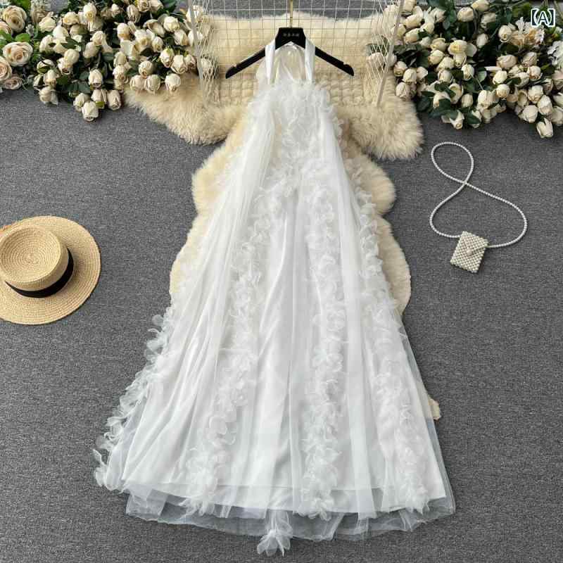 ワンピース レディース ホルターネック 立体花柄 ゆったり Aライン バックオープン メッシュ シアー リゾートスタイル フェミニン エレガント ホワイト