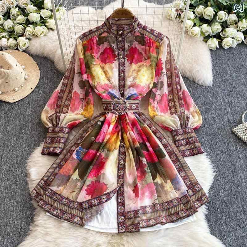 ワンピース レディース 高級感 エレガント スタンドカラー 長袖 ランタンスリーブ 前ボタン スリムフィット ロング丈 花柄プリント Aライン フレア ハイウエスト 通勤 リゾート 春夏