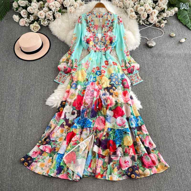 ワンピース レディース 欧米レトロ 宮廷風 花柄 エレガント 春夏 通勤 オフィス フレンチ ハイウエスト ウエストマーク フレア Aライン Vネック ランタンスリーブ 長袖 前開き ロング丈