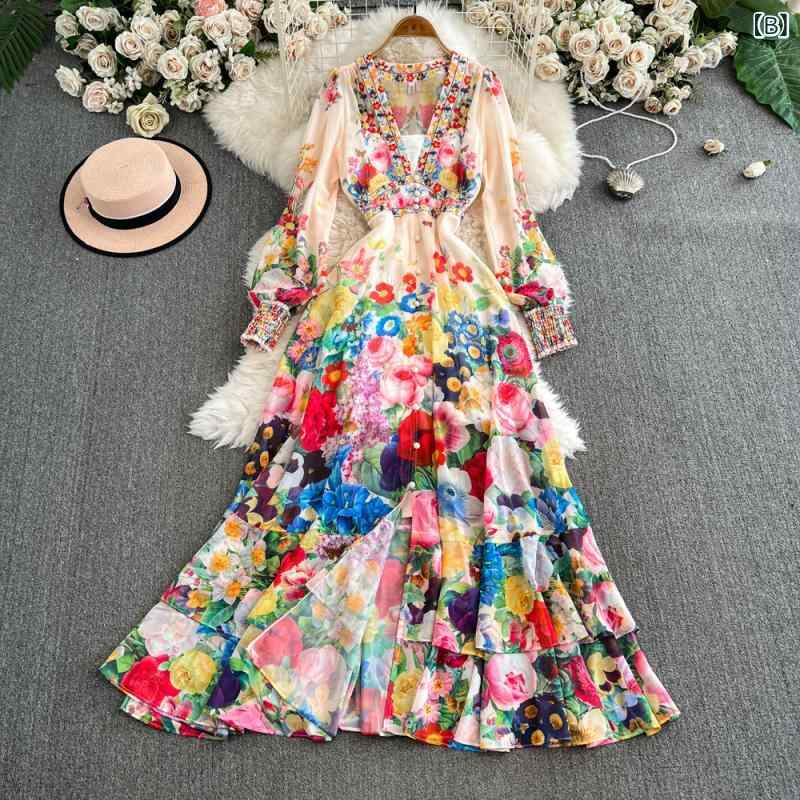 ワンピース レディース 欧米レトロ 宮廷風 花柄 エレガント 春夏 通勤 オフィス フレンチ ハイウエスト ウエストマーク フレア Aライン Vネック ランタンスリーブ 長袖 前開き ロング丈