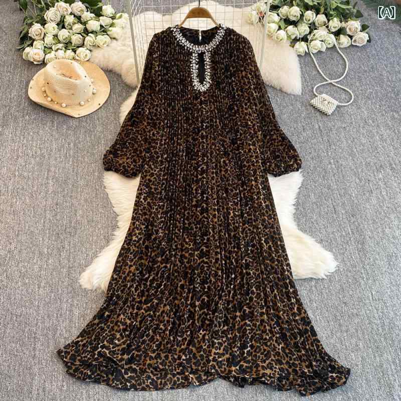 ワンピース レディース フォーマル パーティー お呼ばれ 通勤 エレガント きれいめ 上品 高級感 欧米風 襟元 ラインストーン装飾 ヒョウ柄 長袖 パフスリーブ ラウンドネック Aライン フレア ミディ丈 春夏