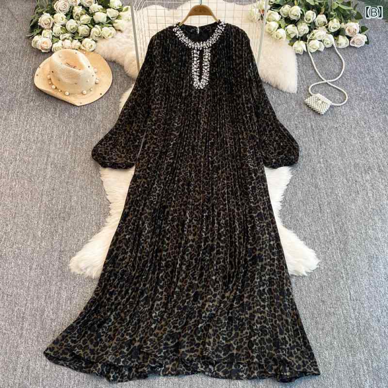 ワンピース レディース フォーマル パーティー お呼ばれ 通勤 エレガント きれいめ 上品 高級感 欧米風 襟元 ラインストーン装飾 ヒョウ柄 長袖 パフスリーブ ラウンドネック Aライン フレア ミディ丈 春夏