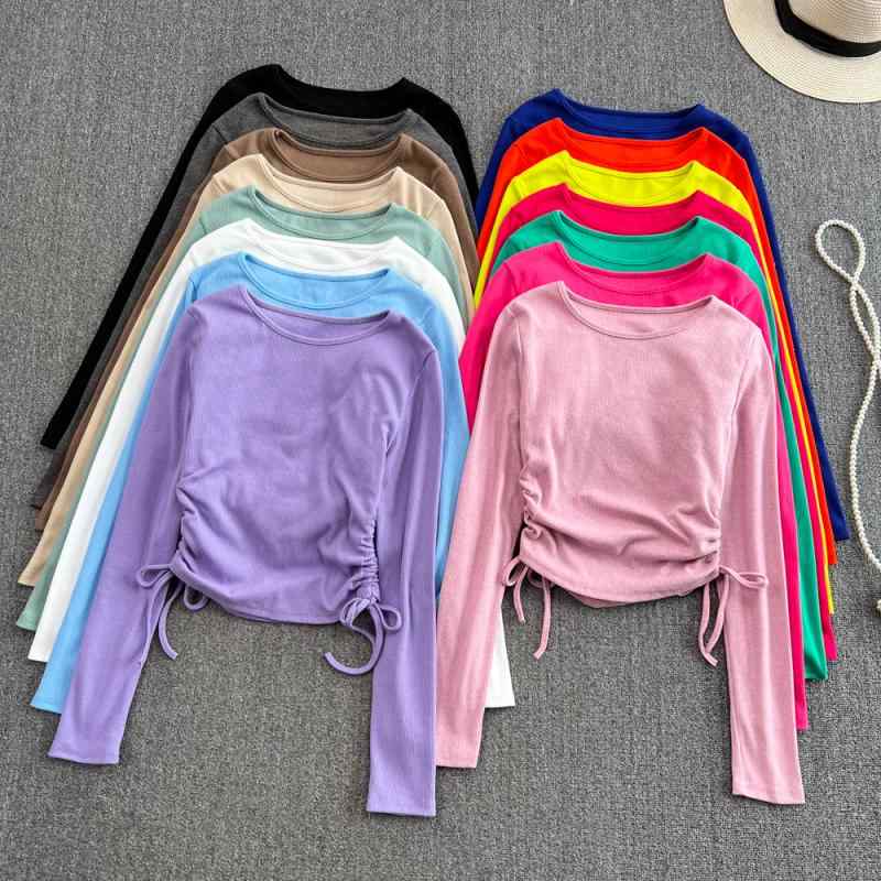 シャツ レディース 長袖 クルーネック スリムフィット クロップド丈 ドローストリング シャーリング 伸縮性 トップス 春秋 オフィス カジュアル きれいめ 上品