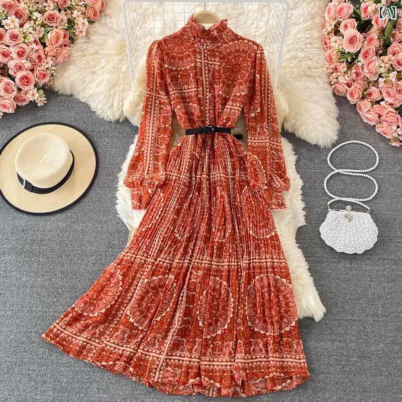 レディース ワンピース スタンドカラー プリーツ ロングワンピース Aライン フレア ランタンスリーブ ボリューム袖 ウエストマーク 花柄 プリント シフォン素材 春秋 リゾート お出かけ エレガント 上品 細見え