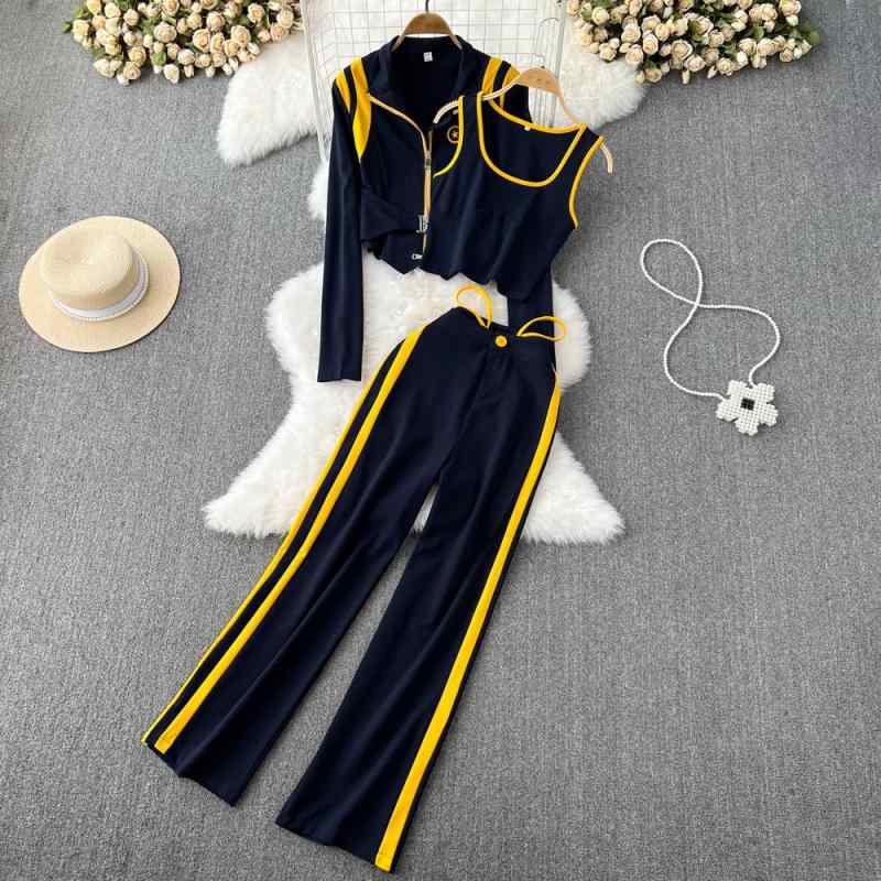カジュアルセット レディース 秋冬 韓国ファッション スタンドカラー ジャケット ベスト ハイウエスト ワイドパンツ 3点セット 配色切り替え ゆったり リラックス ポリエステル 紺 ネイビー ルームウェア 普段使い