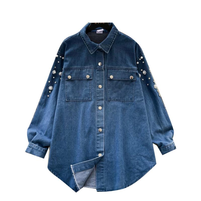 デニムシャツ ジャケット レディース 春夏 ゆったり オーバーサイズ ラインストーン ビジュー装飾 高見..