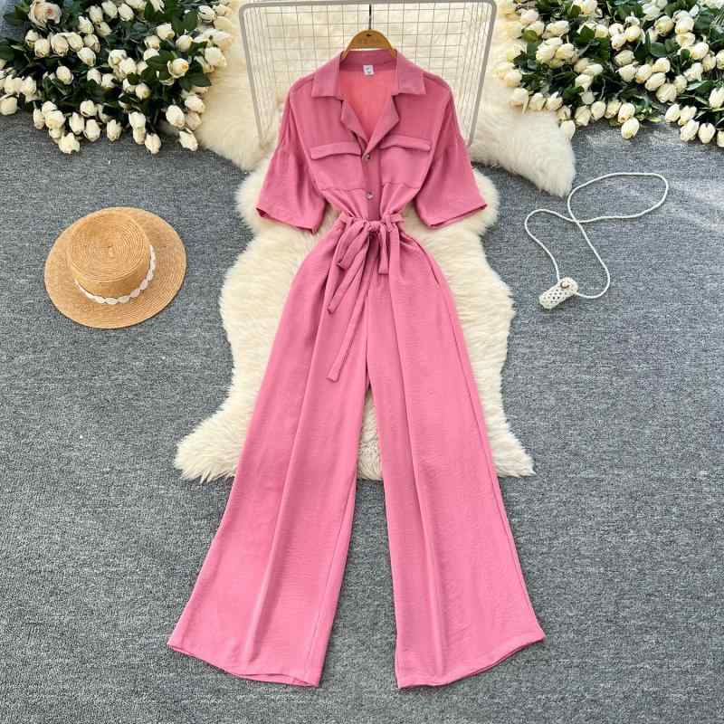 ジャンプスーツ レディース 大人カジュアル 上品 開襟シャツ風 半袖 ウエストマーク オールインワン ワイドパンツ ストレート 体型カバー スタイルアップ 春夏 ブラック ピンク グリーン