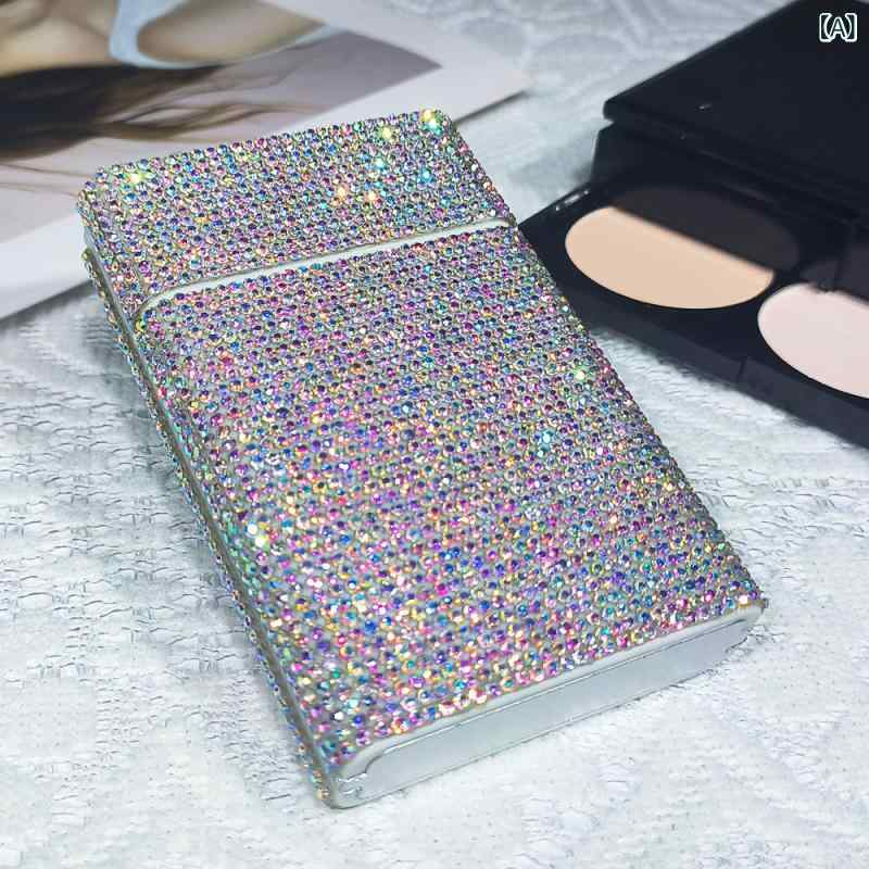 花りぼんのタバコ シガレットケース レディース ラインストーン デコレーション スライド開閉 隠しボタン おしゃれ 個性的 キラキラ プラスチック製 携帯用 薄型 コンパクト ホワイト ブラック ローズレッド 女性用｜アングル2