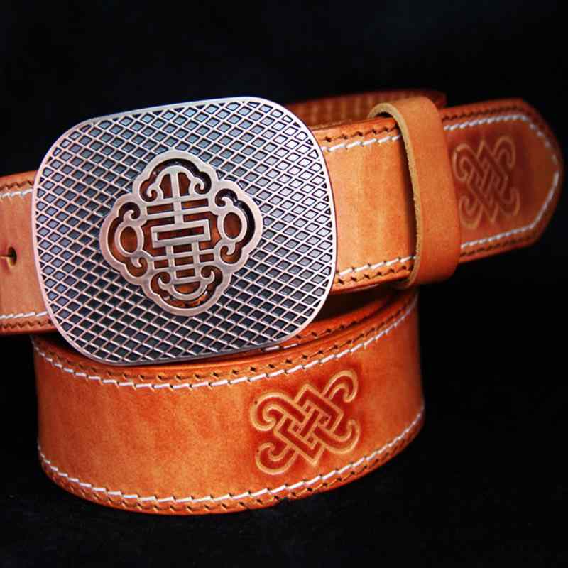 ベルト 男女兼用 本革 牛革 植物タンニン鞣し革 カービング 型押し 花柄 民族調 エスニック カジュアル 普段使い ライトブラウン ダー..