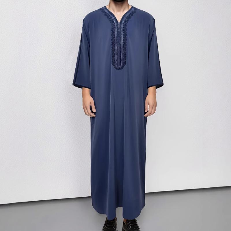 ローブ メンズ 男性用 イスラム 中東 民族風 エスニック 刺繡 五分袖 ロング丈 サイドポケット ポリエステル ダークブルー 普段使い カジュアル(4)