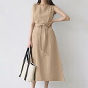 ワンピース レディース ゆったり ボヘミアン ロング丈 ノースリーブ ラウンドネック 無地 コットンリネン 切り替え Aライン フレアスカート 紐付き 春夏 リゾート カジュアル ドレス(x2)