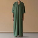 メンズ ローブ 男性用 中東 イスラム Vネック 半袖 ポケット パジャマ 部屋着 ルームウェア ポリエステル ゆったり ロング丈 リラックス カジュアル グリーン(x2)