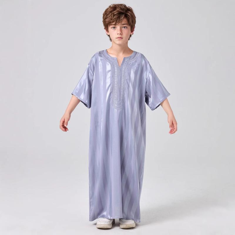 キッズ 民族衣装 男の子 中東風 トーベ 半袖 ローブ 刺繍 ストライプ 夏用 ポリエステル 中小児向け 普段着 カジュアル グレー ピーコックグリーン(x2)
