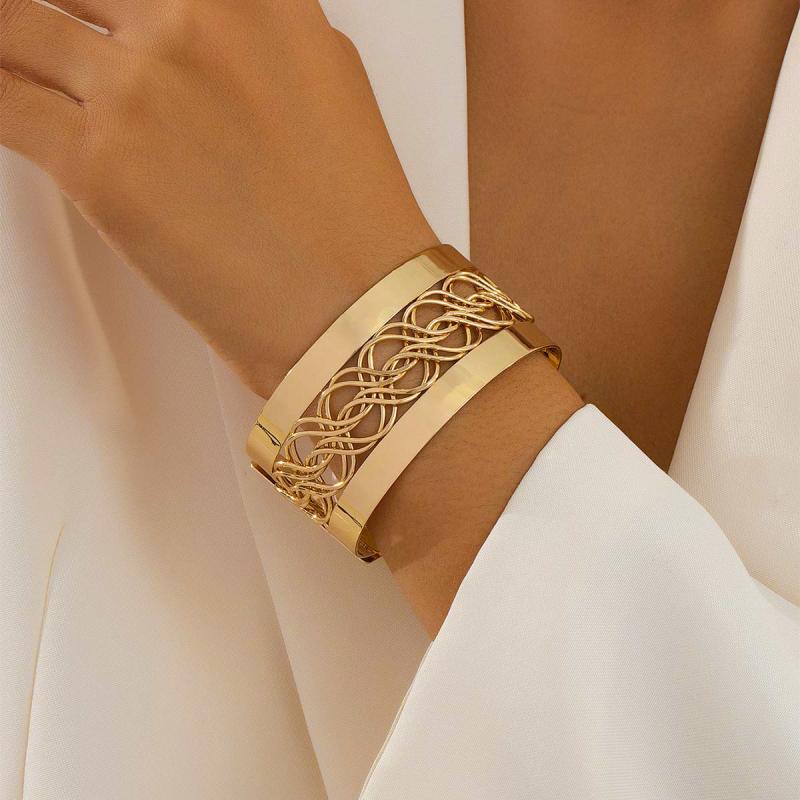バングル レディース 女性用 欧米風 幅広 メタルライン クロス オープンバングル サイズ調整可能 合金製 電気メッキ加工 ゴールドカラー ファッションアクセサリー