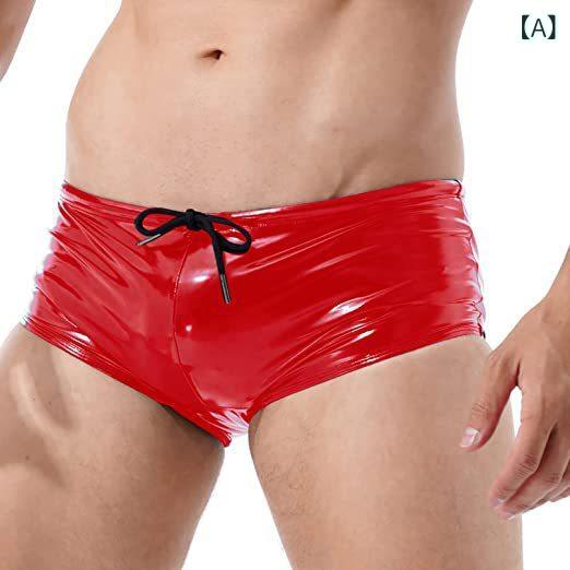 メンズ ボクサーパンツ セクシー 光沢 PUレザー 紐付き ミドルウエスト ストレッチ ナイトウェア レッド ブラック ブルー