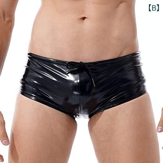 メンズ ボクサーパンツ セクシー 光沢 PUレザー 紐付き ミドルウエスト ストレッチ ナイトウェア レッド ブラック ブルー