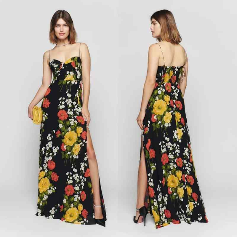 ワンピース レディース フレンチ 花柄 キャミソール 紐付き スリム Vネック セクシー リゾート ロング丈 ノースリーブ ハイウエスト ポリエステル スパンデックス 春夏