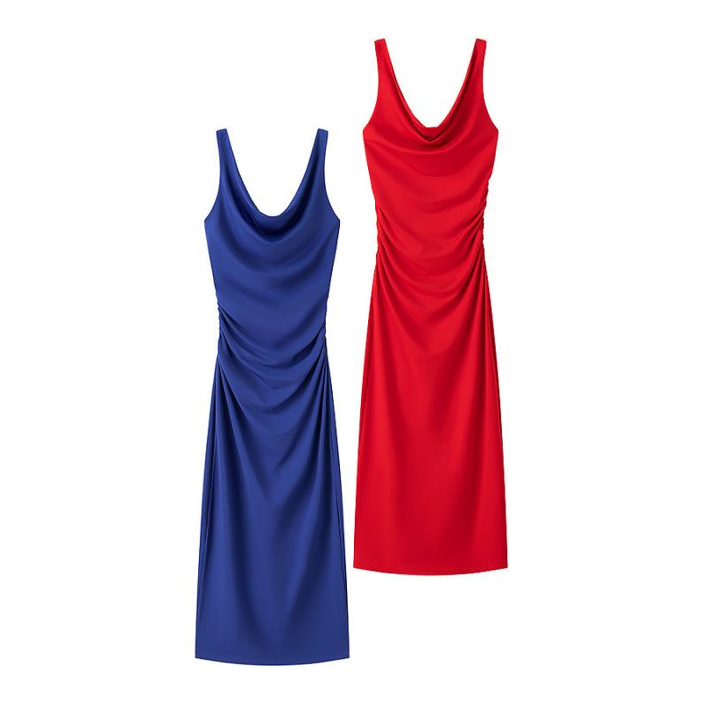 ワンピース レディース 春夏 セクシー Vネック ノースリーブ ハイウエスト ミディ丈 タイトシルエット プリーツ ギャザー切り替え エレガント 細見え パーティードレス