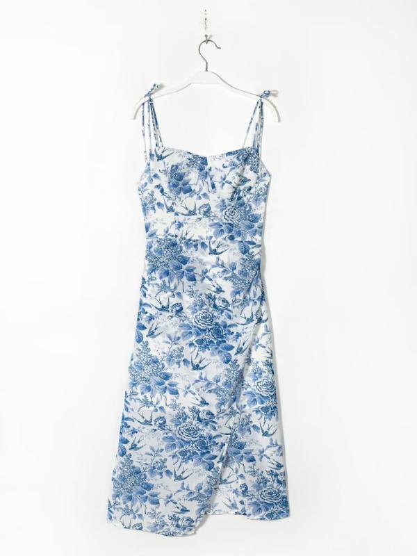 ワンピース レディース 春夏 ユニーク レトロ 肩紐リボン 細見え キャミソール ブルー花柄 セクシー スリット入り Vネック ノースリーブ ハイウエスト シフォン ミディ丈 きれいめ(4)