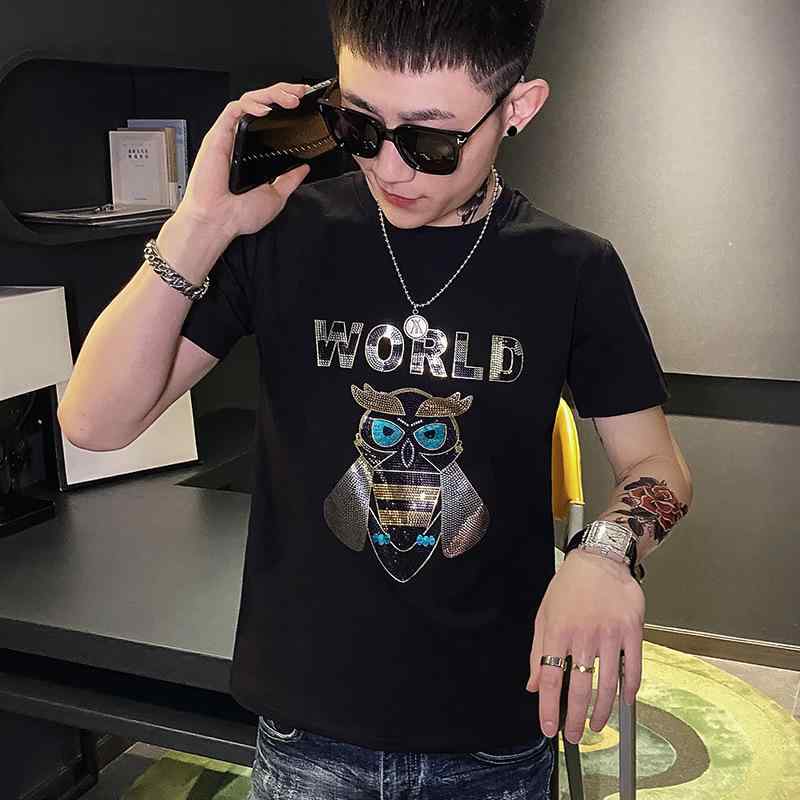 Tシャツ メンズ 半袖 ラインストーン キャラクター プリント シルケット加工綿 スリムフィット 大きい..