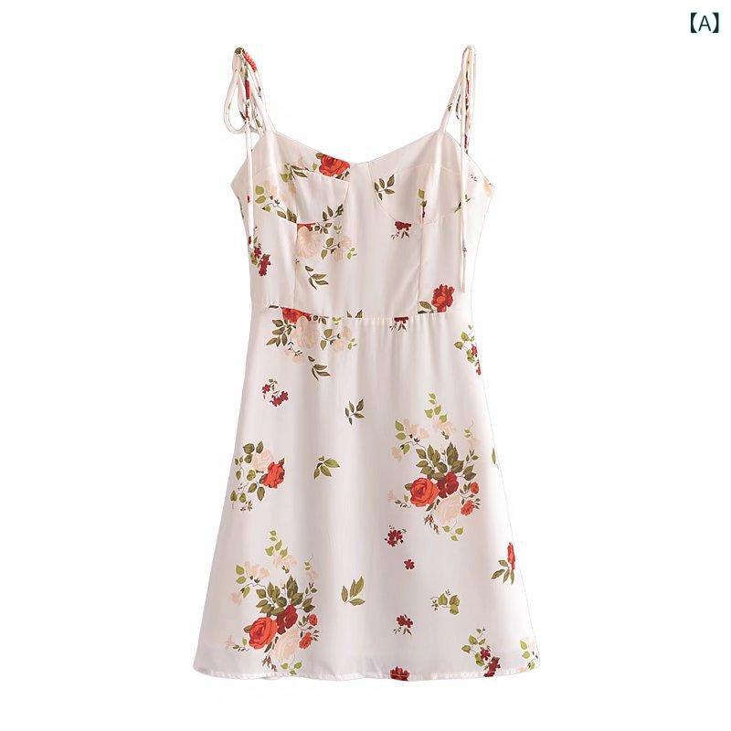 キャミソールワンピース レディース フレンチ レトロ プリント柄 スリムフィット ショート丈 Aライン ハイウエスト シフォン ポリエステル 切り替え 春夏秋