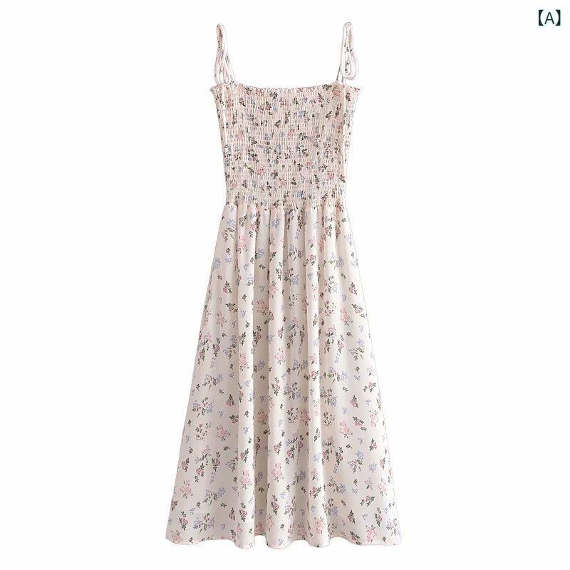ワンピース レディース エレガント 上品 フェミニン フレンチ レトロ 花柄 プリント キャミソール ビスチェ ロング丈 ミモレ丈 ハイウエスト フレア Aライン オープンバック ポリエステル 切り替え 春夏秋