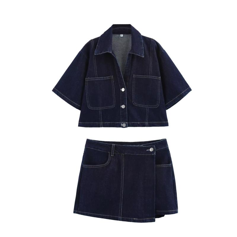レディース 春夏 ショート丈トップス デニムスカートパンツ 欧米風 ファッション デザイン ダブルブレスト 着回し ポリエステル スパンデックス