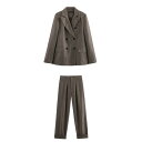 レディース 春夏 ダブルブレスト ジャケット スリムフィット ハイウエスト ロングパンツ ツーピース 無地 ポリエステル素材 長袖 ポケット付き カジュアルスタイル