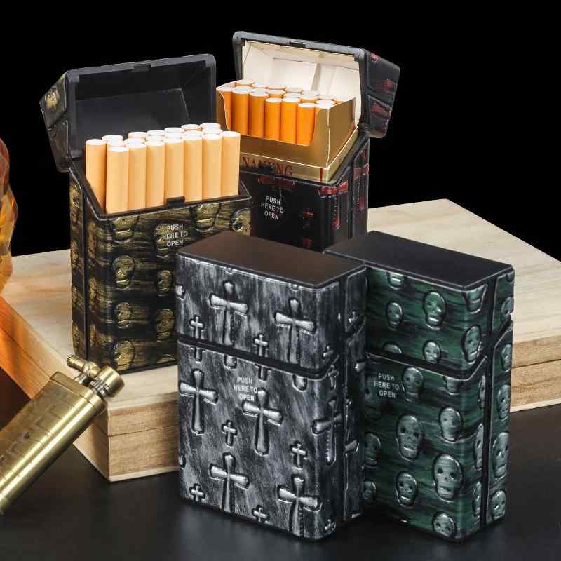 シガレットケース メンズ プラスチック製 レザー調 20本収納 レギュラーサイズ 携帯用 保護 スカル クロス 菱形柄 個性的 収納ボックス(x2)