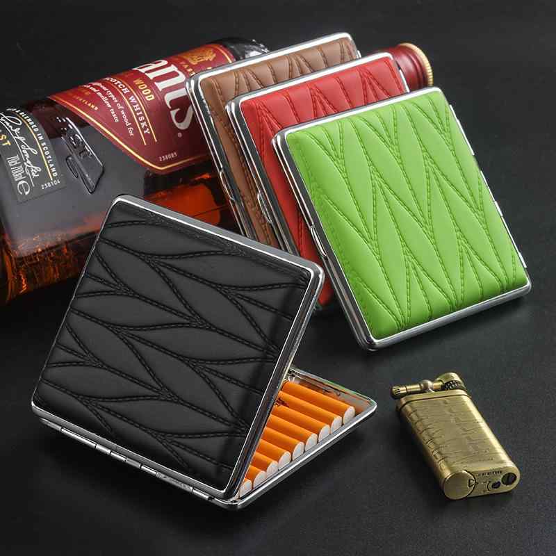 シガレットケース メンズ 男性用 20本収納 レギュラーサイズ レザー 金属製 柳の葉模様 耐圧 防湿 衝撃保護 携帯用 おしゃれ スタイリッシュ(x2)