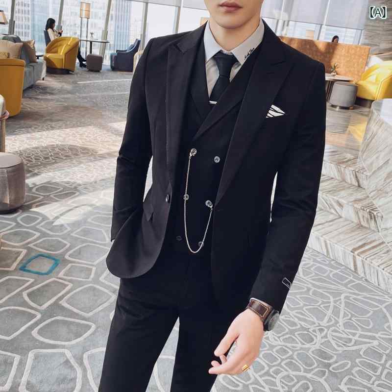 スーツ メンズ 男性 スリーピース セットアップ スリムフィット テーラード ブリティッシュスタイル 無地 カジュアル ビジネス フォーマル 結婚式 パーティー 通勤 春秋