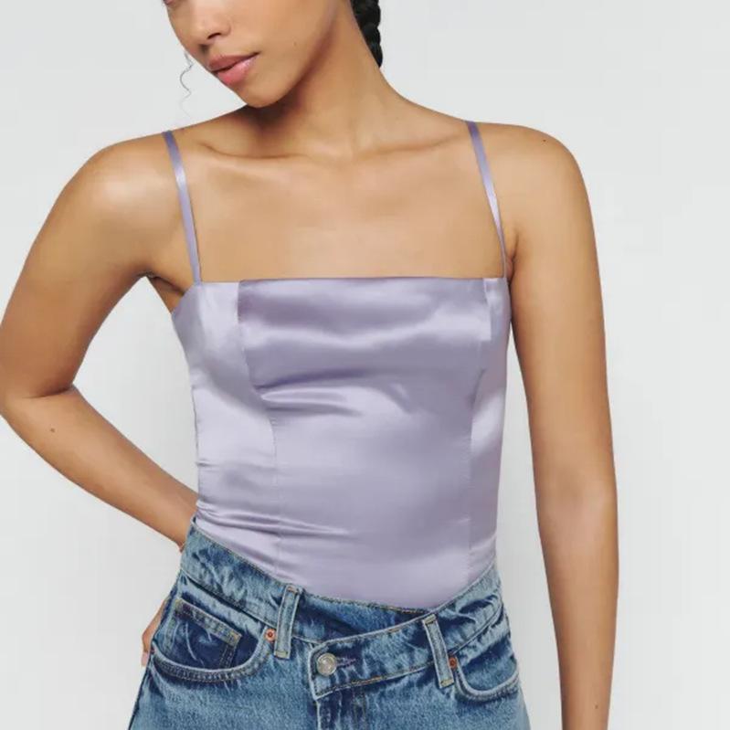 トップス レディース キャミソール タンクトップ サテン 無地 ショート丈 クロップド丈 スリムフィット..