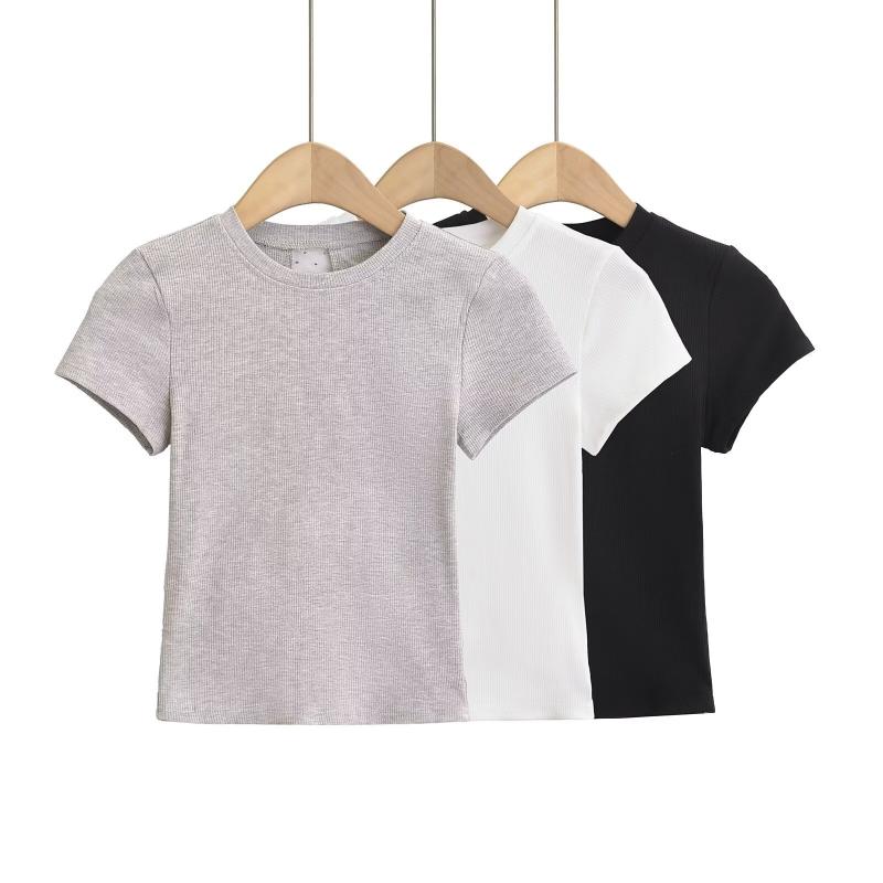 Tシャツ レディース 女性用 レース 切り替え デザイン 半袖 ショート丈 丸首 夏 スリム 細身 着痩せ効果 カジュアル ニットトップス 着回し ブラック ホワイト グレー(4)