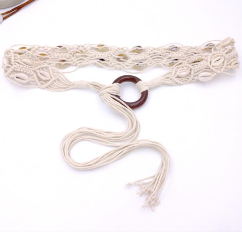ベルト レディース 民族風 ボヘミアン エスニック ハンドメイド 綿 ロープ編み タッセル シェル 天然木バックル 結びデザイン 幅広 カジュアル 普段使い リゾート お出かけ おしゃれ かわいい アイボリー