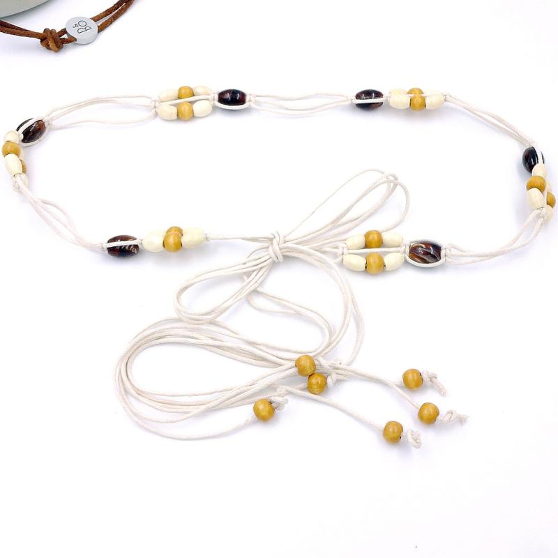 ベルト レディース ボヘミアン エスニック 民族調 編み込み ウッドビーズ 結び ウエストロープ コット..