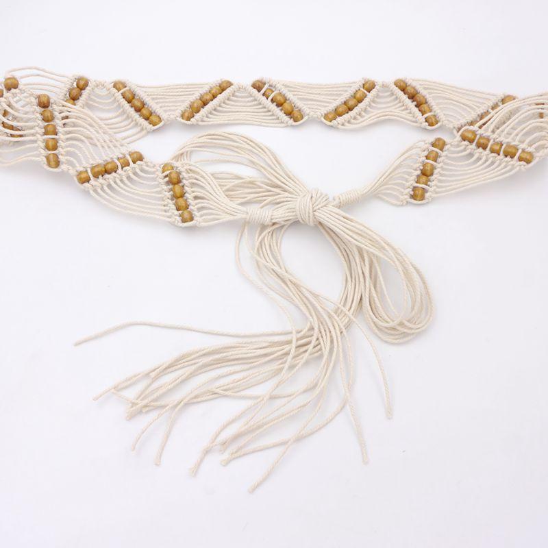ベルト レディース 民族風 編み込み 幅広 レトロ カジュアル ワックスコード ハンドメイド ビーズ オフホワイト ワンピース スカート ウエストマーク 装飾 アクセサリー 春夏(4)