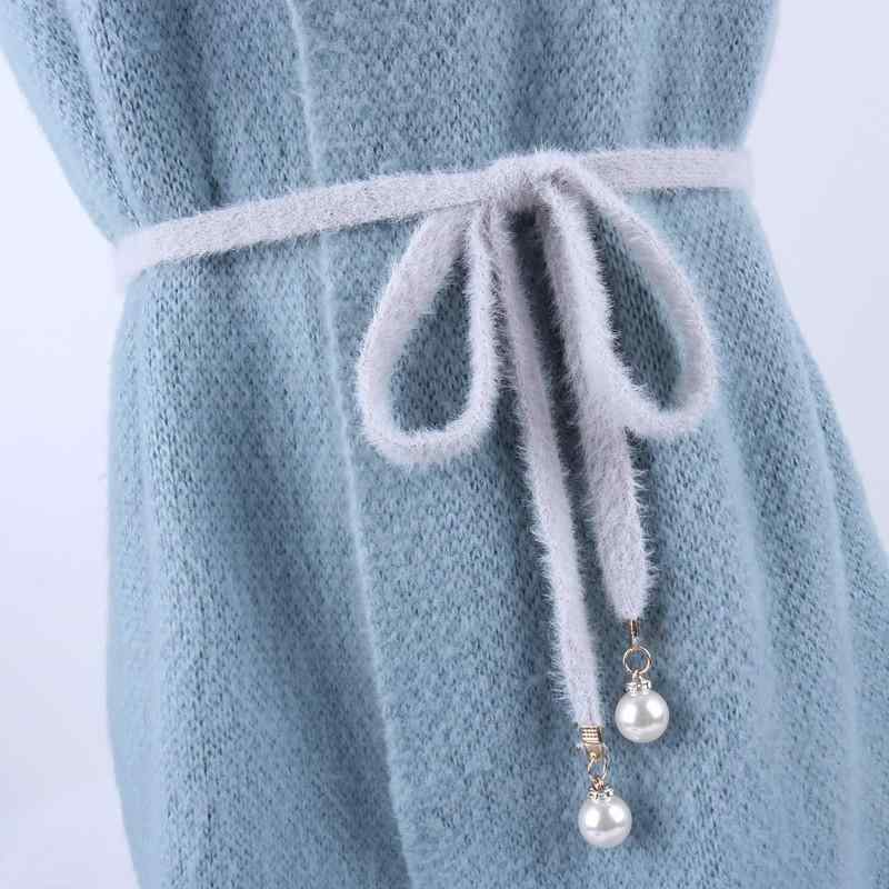 細ベルト レディース パール飾り 結び紐 ベロア調 ウエストマーク ワンピース ニット スカート スタイルアップ カジュアル エレガント 上品 秋冬