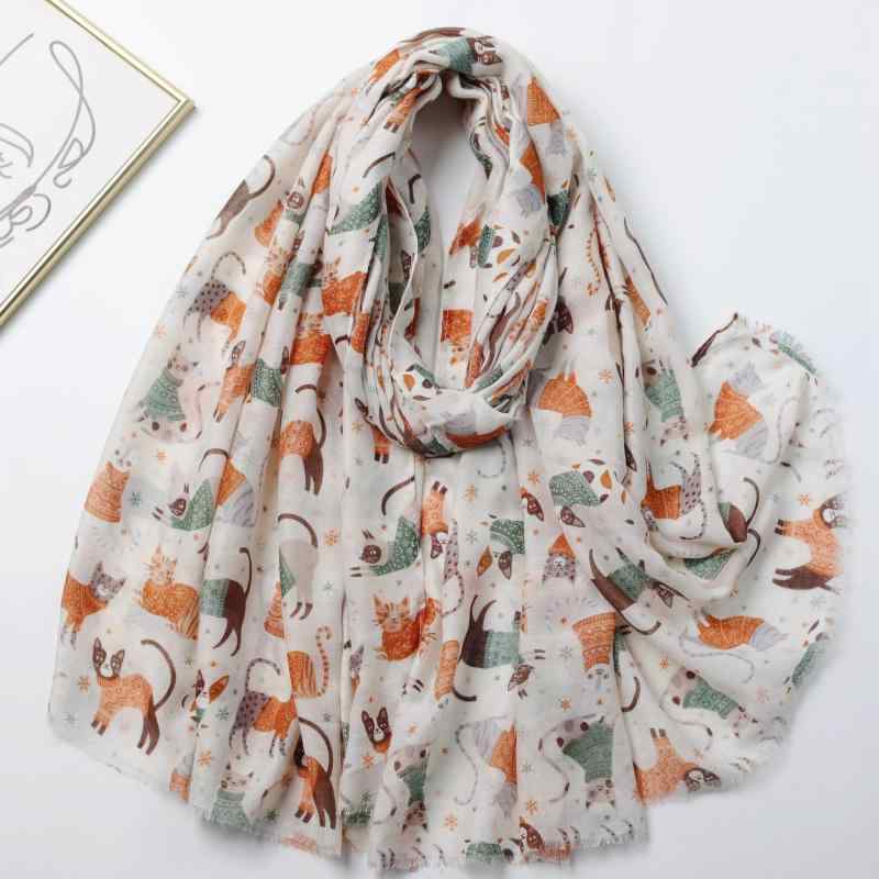 ストール レディース 女性用 猫柄プリント サテン風 ロングスカーフ ショール 薄手 軽量 旅行 リゾート..