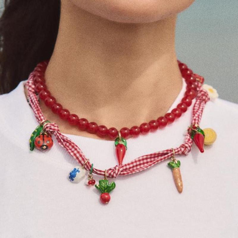 ネックレス レディース 女性用 唐辛子 昆虫 野菜 フルーツ モチーフ ビーズ レイヤード 重ね付け ハン..